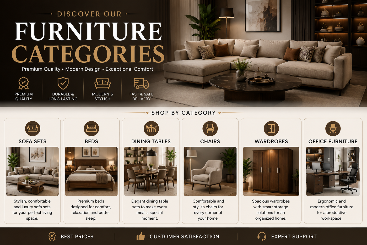 Premium furniture categories - sofa sets, beds, dining tables and chairs